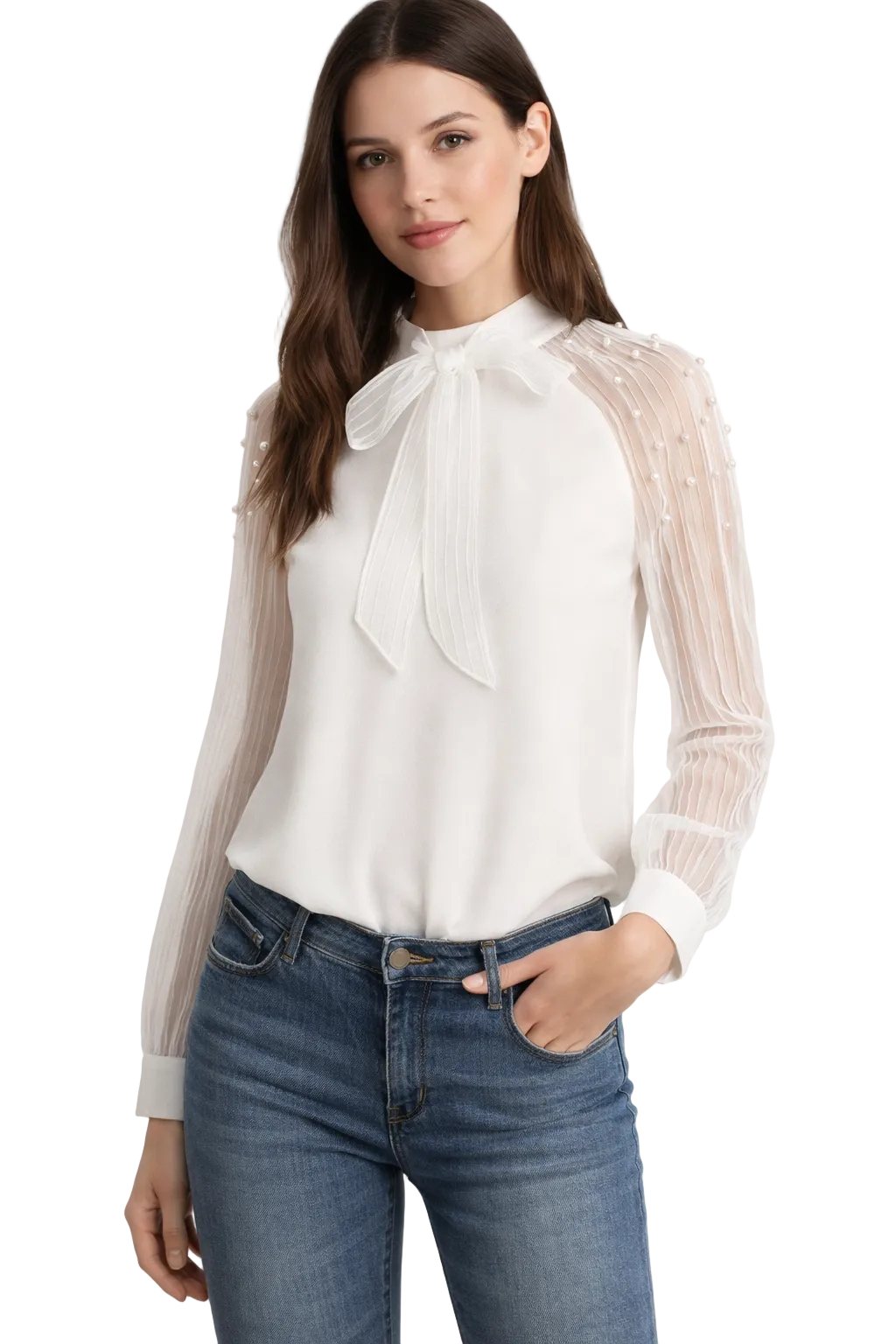 Blouse blanche à manches longues avec col lavallière et manches transparentes