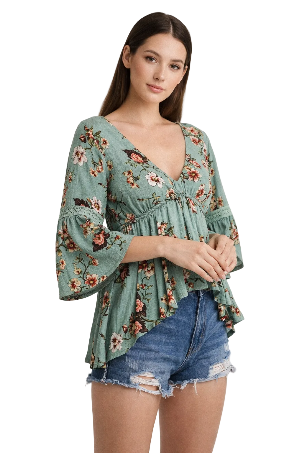 Blouse verte à fleurs avec décolleté en V, lien à nouer et manches évasées
