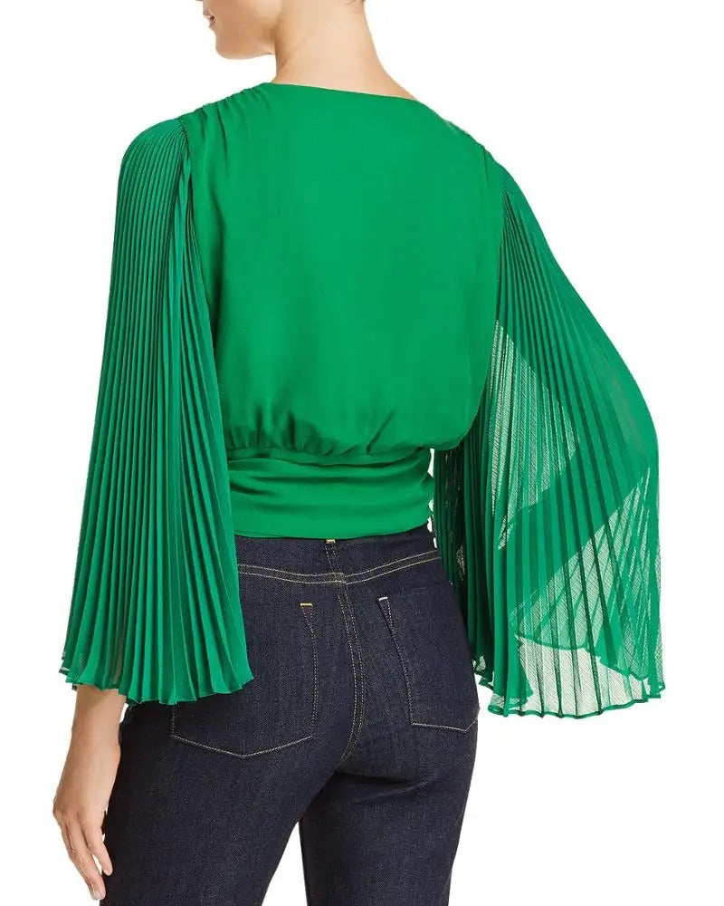 Blouse verte style portefeuille avec manches longues plissées