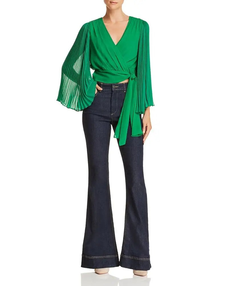 Blouse verte style portefeuille avec manches longues plissées