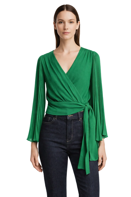 Blouse verte style portefeuille avec manches longues plissées