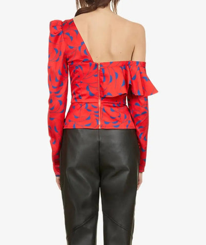 Haut rouge asymétrique à une épaule avec détail volanté