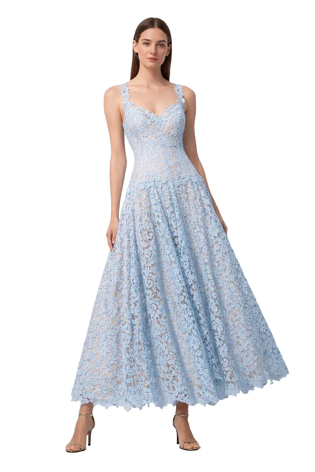 Robe maxi bleu clair en dentelle sans manches