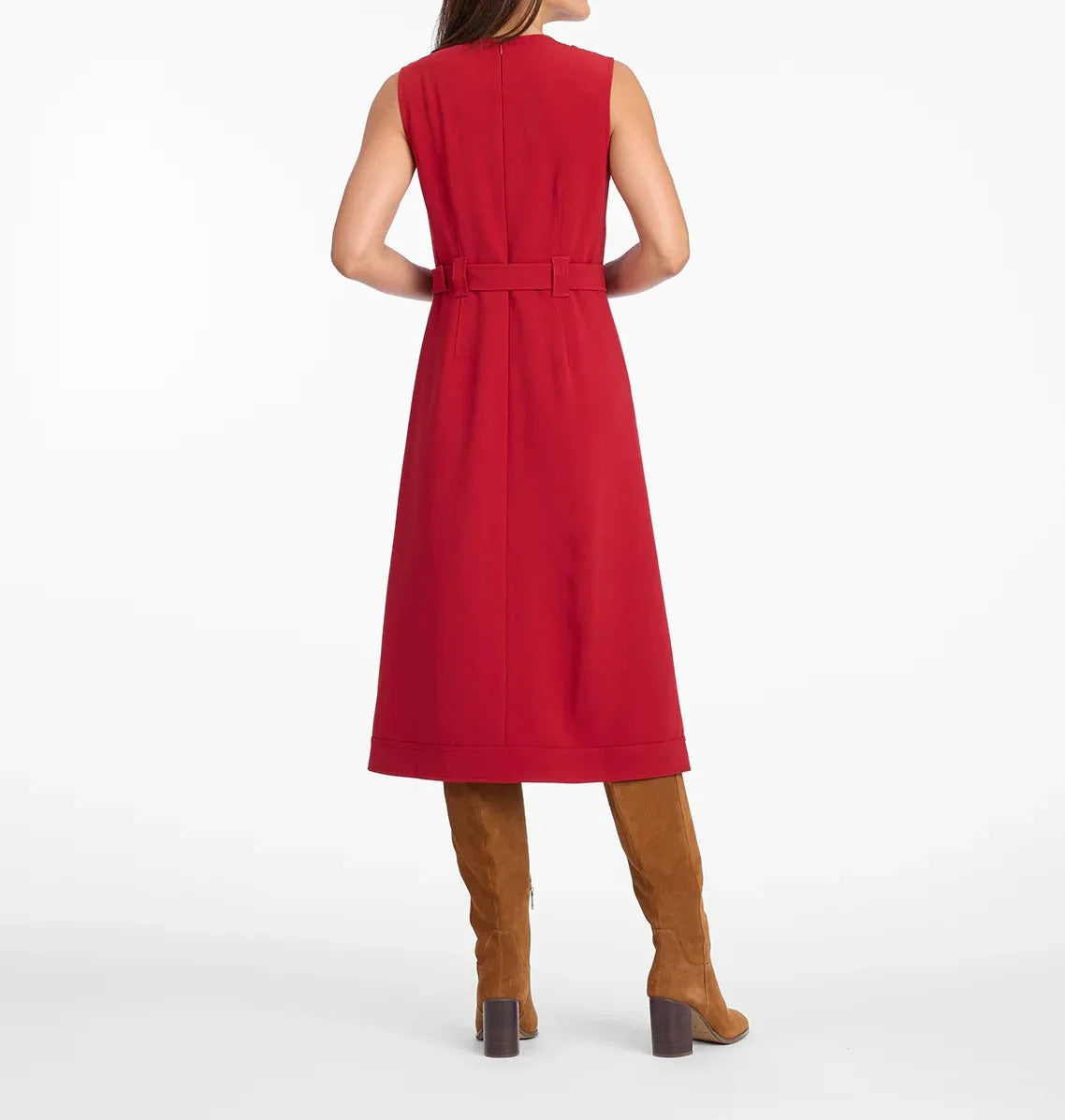 Robe midi rouge sans manches avec ceinture