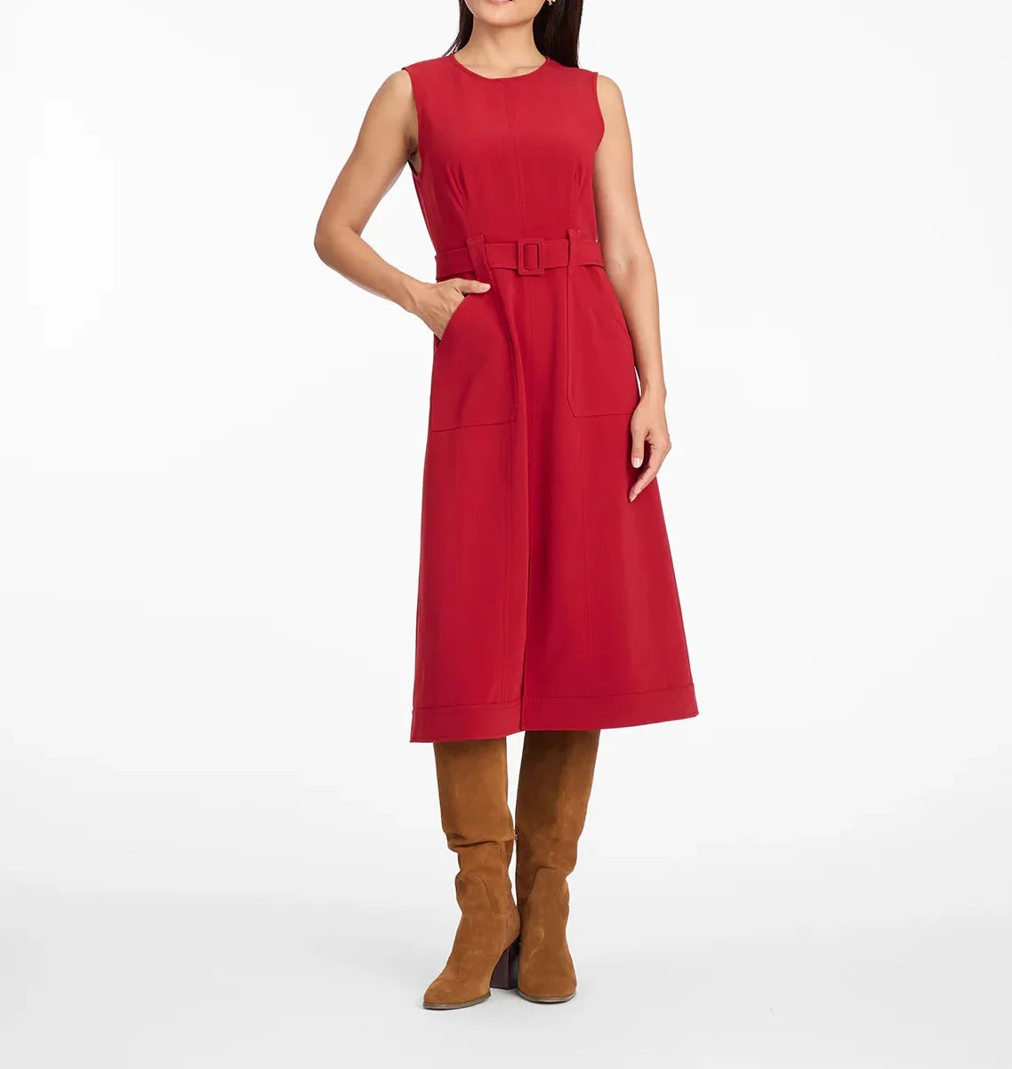 Robe midi rouge sans manches avec ceinture