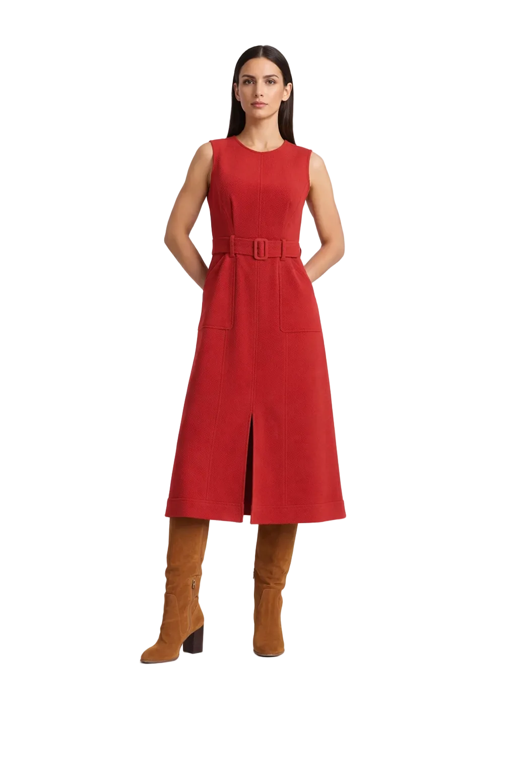 Robe midi rouge sans manches avec ceinture