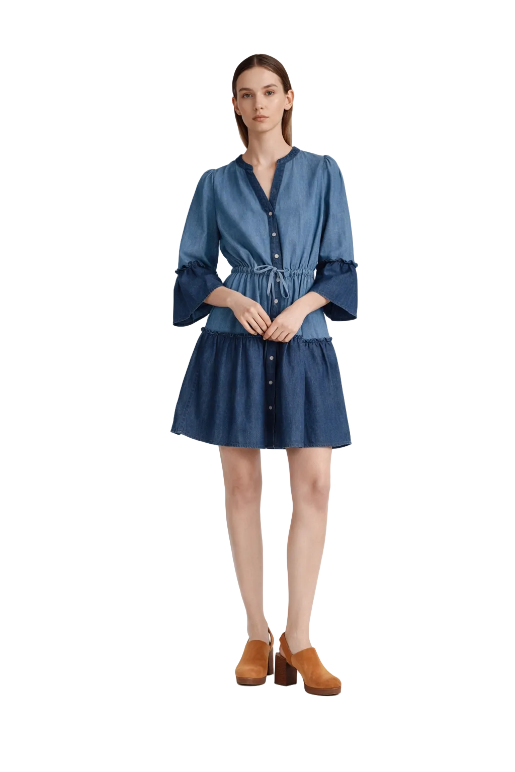 Robe mini bleue à boutons sur le devant avec taille à cordon